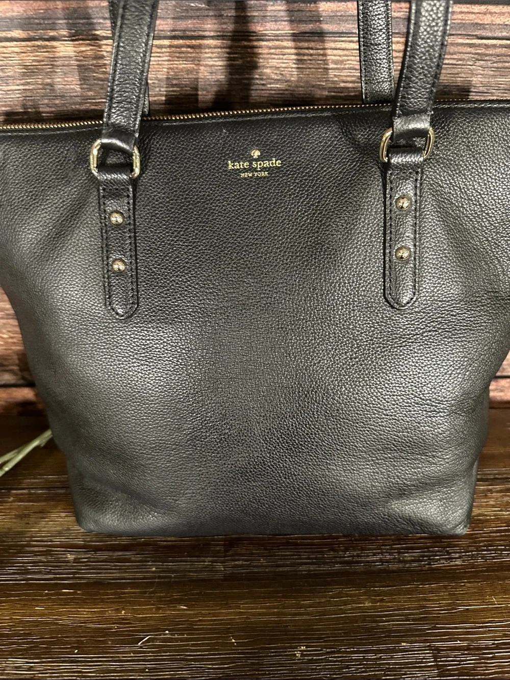 kate spade black leather tote with gold hardware